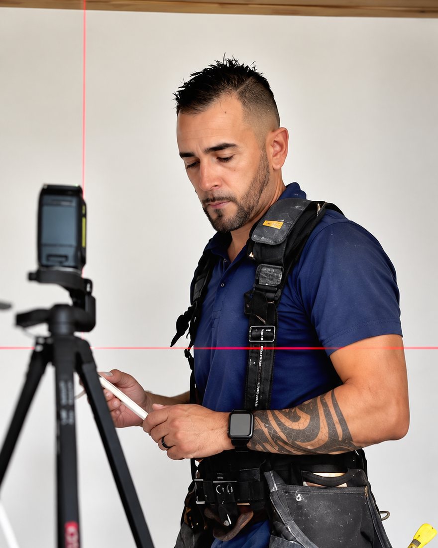 Sebastian Villavicencio, owner of SV Construction, setting up a laser level on a job site