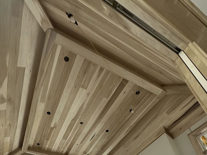 Wood tray ceiling under construction, by SV Construction